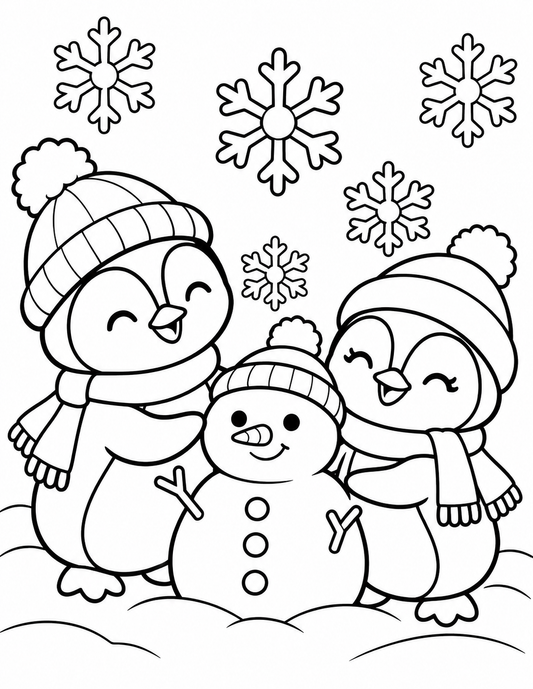 Cheerful Penguins Hugging a Snowman